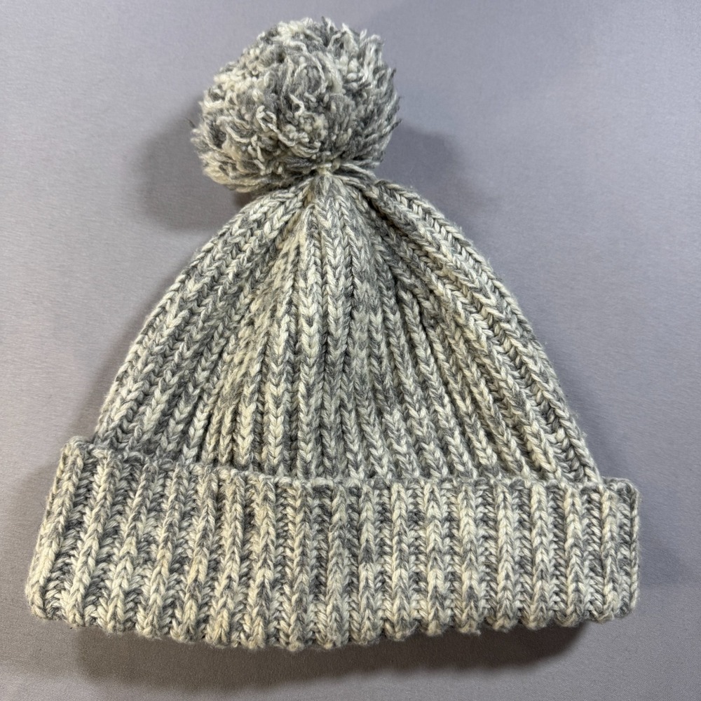 J.Crew Wool Blend Ribbed Pom Pom Beanie Hat Marled Grey White Winter One Size